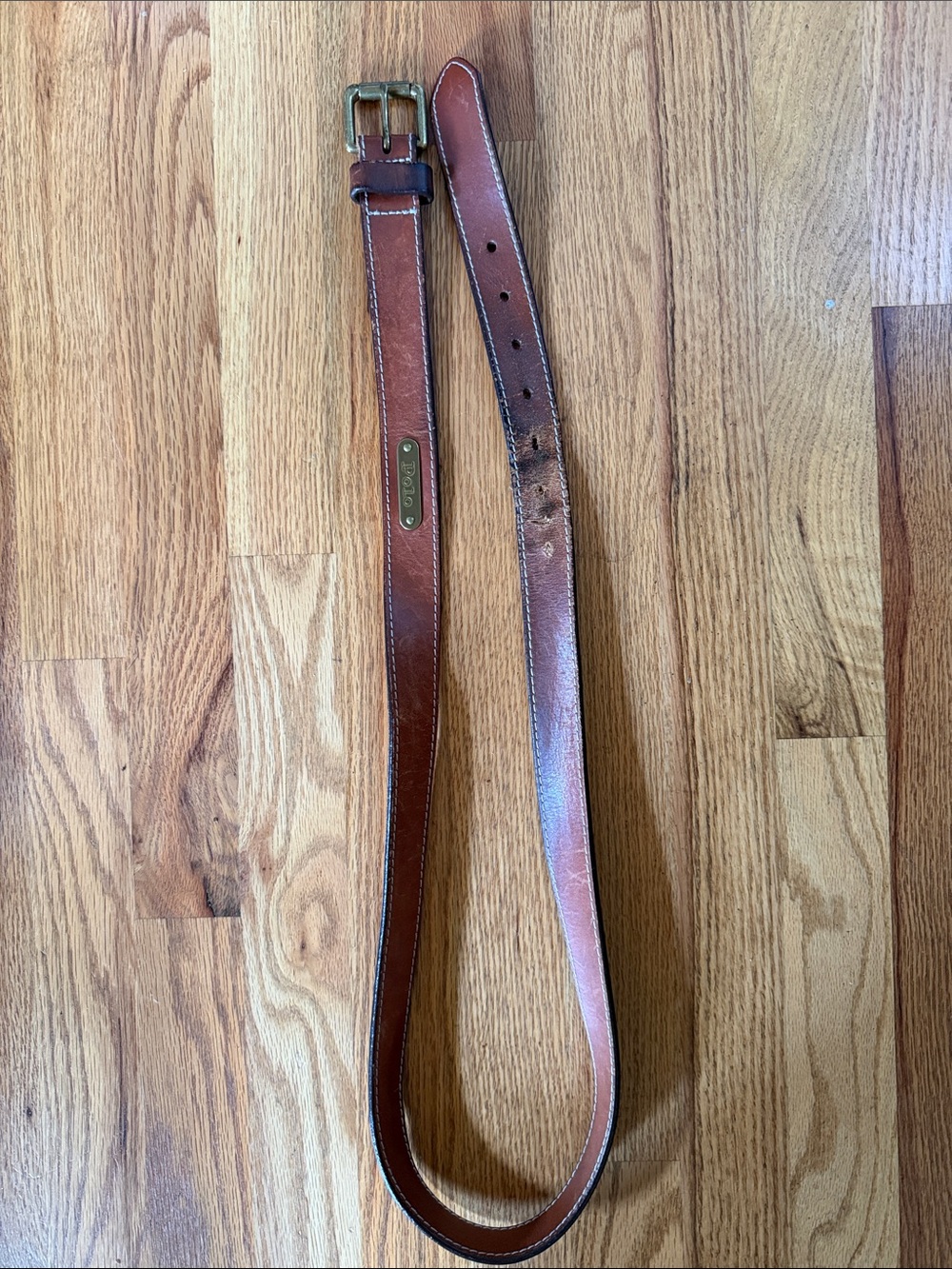 Polo by Ralph Lauren Chestnut Brown Leather Belt with Brass Plaque - Picture 3 of 7